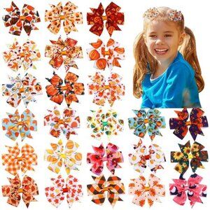 24-Piece Fall Thanksgiving Hair Bows: Pumpkin, Turkey & Maple Leaf Clips